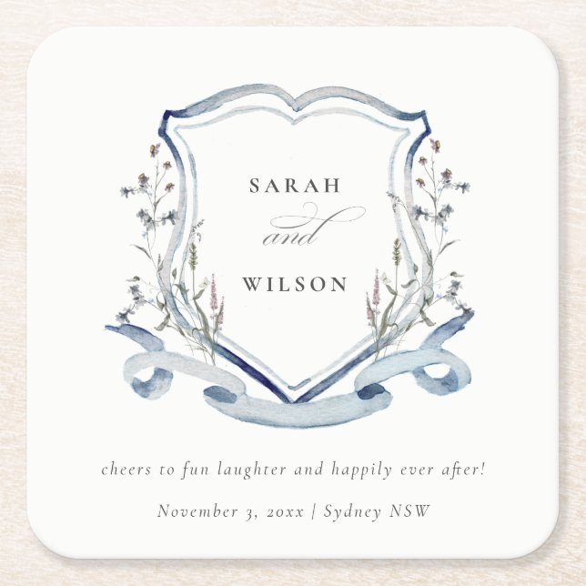 Elegantes Blue Wildblume Watercolor Wappen Hochzei Rechteckiger Pappuntersetzer (Vorderseite)