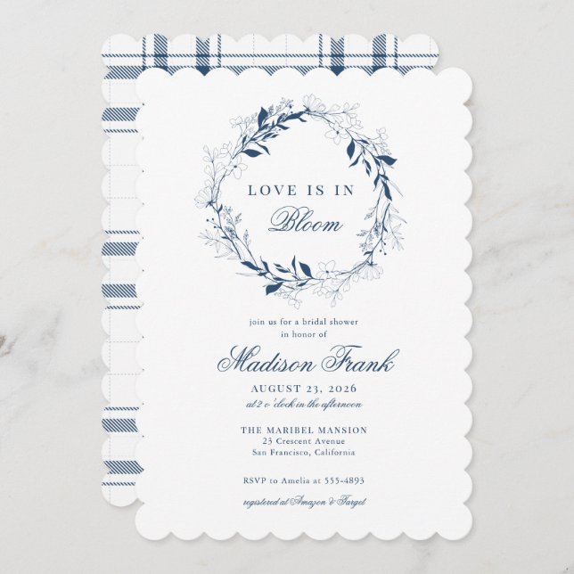Elegantes Blue Wildblume Wreath Kariertes Brautpar Einladung (Vorne/Hinten)