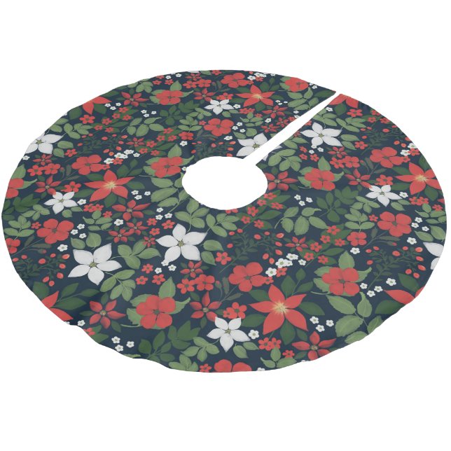 Elegantes Blue Winter Red White Floral Gemälde Polyester Weihnachtsbaumdecke (Schrägansicht)