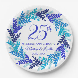 Elegantes Blue Wreath 25-jähriges Party Pappteller