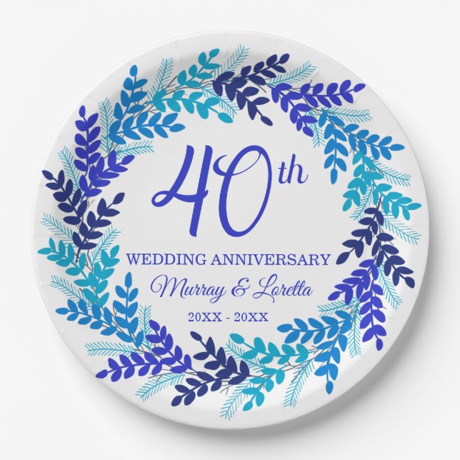 Elegantes Blue Wreath Party zum 40. Jubiläum Pappteller (Vorderseite)