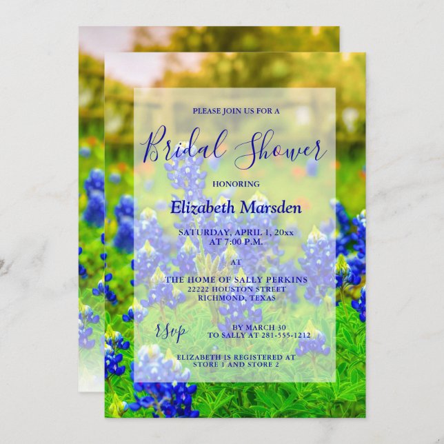 Elegantes Bluebonnets Foto Brautparty Einladung (Vorne/Hinten)