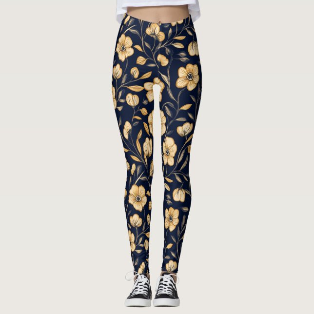 Elegantes Blume Gold Muster Leggings (Vorderseite)