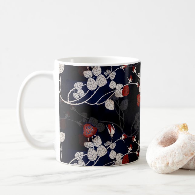 Elegantes Blume-Muster der Rote Rose Schwarz Kaffeetasse (Mit Donut)