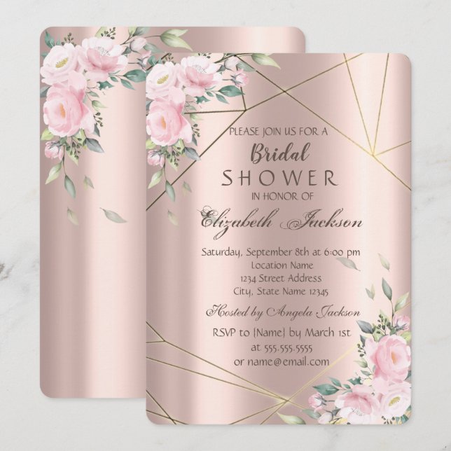 Elegantes Blume Rose Gold Brautparty Einladung (Vorne/Hinten)