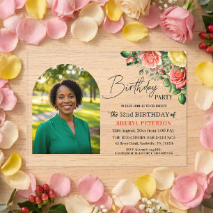 Elegantes Blumen-Design zum 52. Geburtstag mit Fot Acryleinladungen