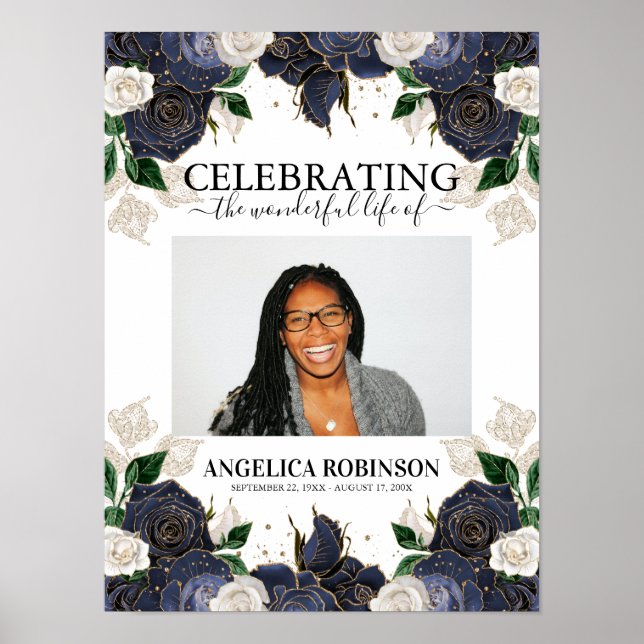 Elegantes Blumen Foto Begräbnis Begrüßungspapier Poster (Vorne)