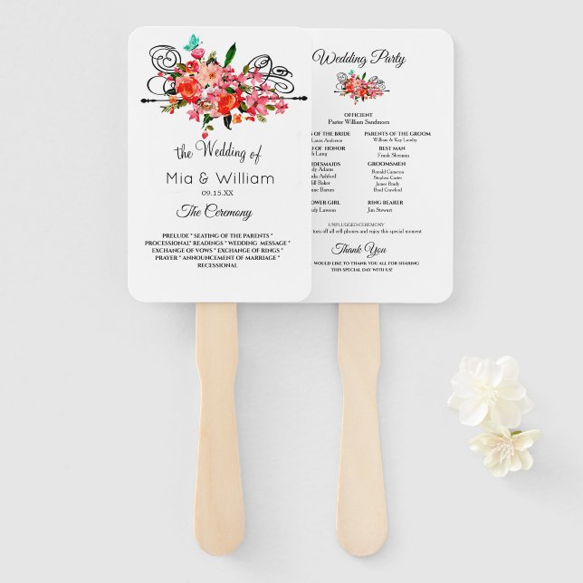 Elegantes Blumen Hand Fan Hochzeitsprogramm Fächer (Vorne und Hinten)
