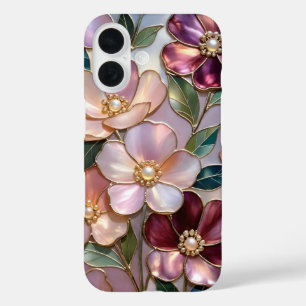 Elegantes Blumen-iPhone-Case Buntglas Rosa Gold iPhone 16 Hülle