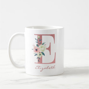Elegantes Blumen-Letter E Rosa und Elfenbein- Bouq Kaffeetasse