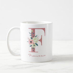 Elegantes Blumen-Letter F Rosa und Elfenbein- Bouq Kaffeetasse