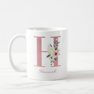 Elegantes Blumen-Letter H Rosa- und Elfenbein- Bou Kaffeetasse