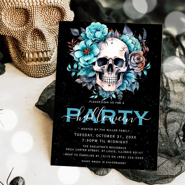 Elegantes Blumen Skull Adult Halloween-Party Einladung (Von Creator hochgeladen)