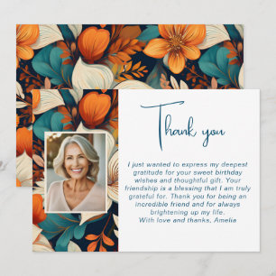Elegantes Blumenblattmuster Foto Geburtstag  Dankeskarte