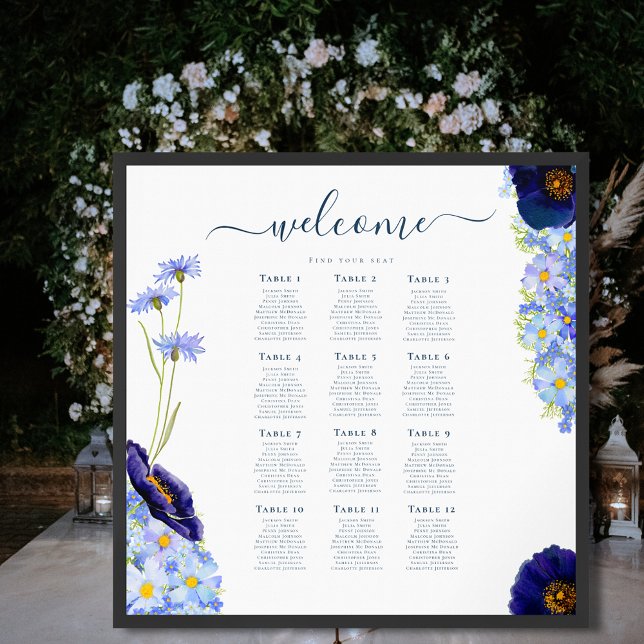 Elegantes Blumenblauer Hochzeitssattel 12 Poster (Elegant blue floral Wildflower wedding 12 table seating chart poster )