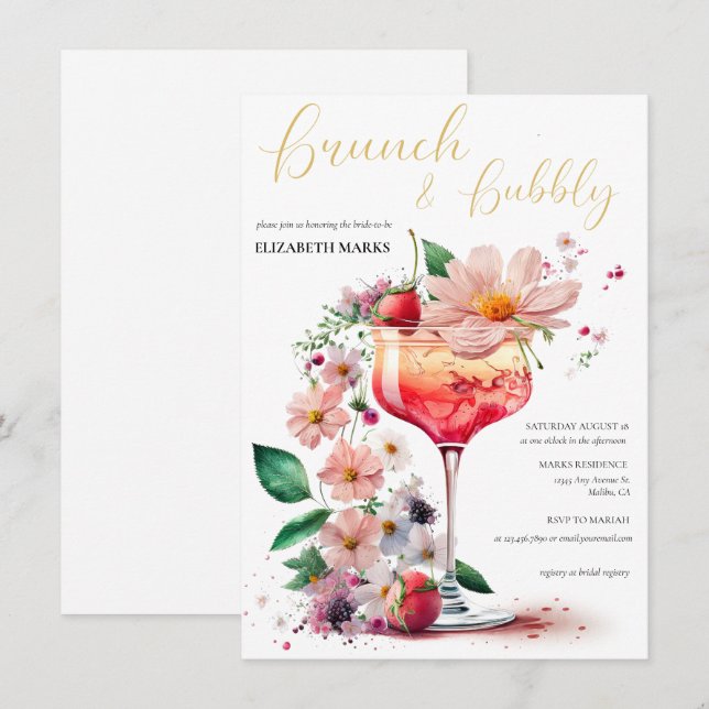 Elegantes Blumenbrunch & Bubbly Brautparty Inv. Einladung (Vorne/Hinten)