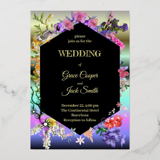 Elegantes Blumendesign/geometrische Grenze Folieneinladung (Vorderseite)