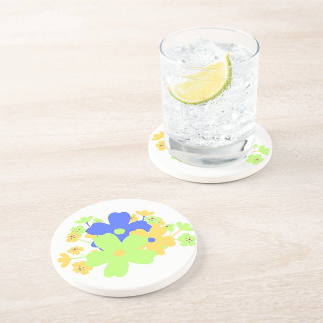 Elegantes Blumendesign in blau-gelb-grün Getränkeuntersetzer (Seite)