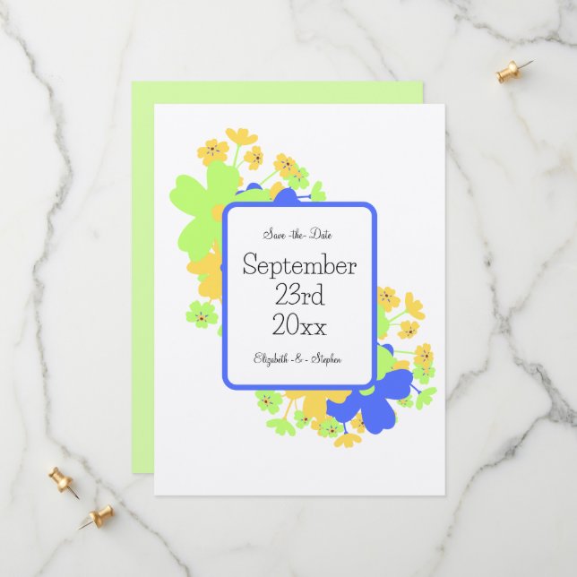 Elegantes Blumendesign in blau-gelb Save The Date (Vorderseite/Rückseite Beispiel)