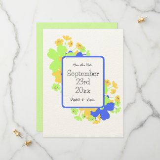 Elegantes Blumendesign in blau-gelb Save The Date