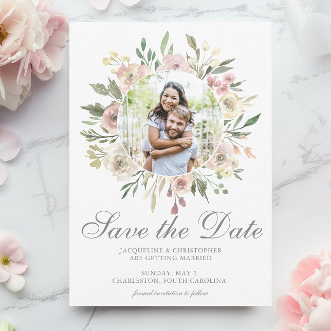 Elegantes, blumenfarbenes Foto Rosa Save The Date (Von Creator hochgeladen)