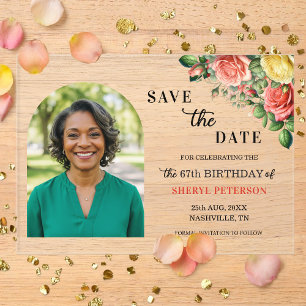 Elegantes Blumenfoto 67. Geburtstag Save the Date Acryleinladungen