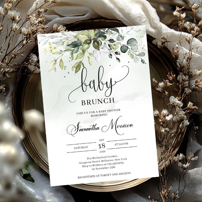 Elegantes Blumengebäck mit Typografie Einladung (Elegant typography greenery foliage baby brunch invitation)