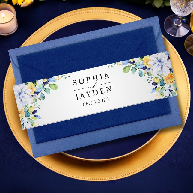 Elegantes blumengelb-blaues Hochzeitmonogramm Einladungsbanderole (Von Creator hochgeladen)