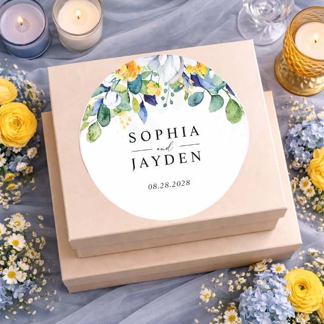 Elegantes blumengelb-blaues Hochzeitmonogramm Runder Aufkleber (Von Creator hochgeladen)