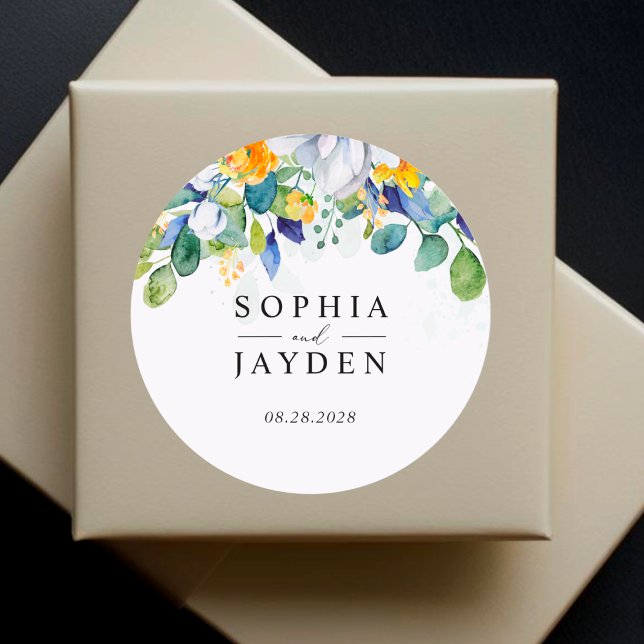 Elegantes blumengelb-blaues Hochzeitmonogramm Runder Aufkleber (Von Creator hochgeladen)