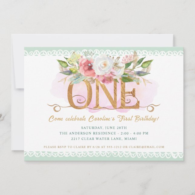 Elegantes Blumengeschoss Grün 1. Geburtstag Party Einladung (Vorderseite)