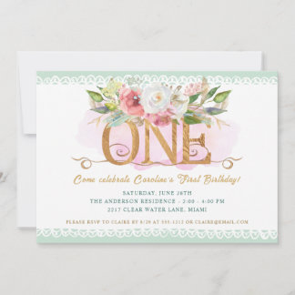 Elegantes Blumengeschoss Grün 1. Geburtstag Party Einladung