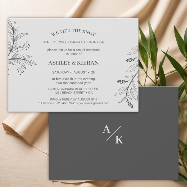 Elegantes Blumengrau Wir ticken dem Knoten Empfang Einladung (Von Creator hochgeladen)