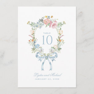 Elegantes Blumenkranz-Wappen-Monogramm-Tischnummer Begleitkarte