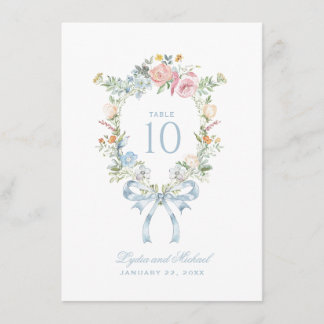 Elegantes Blumenkranz-Wappen-Monogramm-Tischnummer Begleitkarte