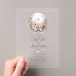 Elegantes Blumenmonogramm mit Schleife zur Babypar Acryleinladungen