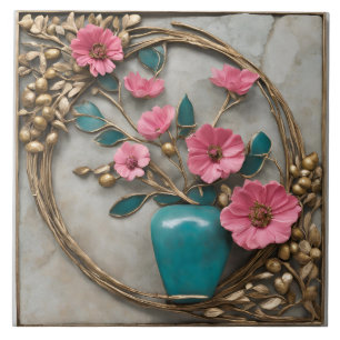 Elegantes Blumenmosaik mit türkisfarbener Vase Fliese