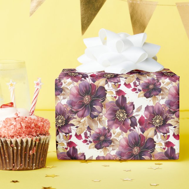 Elegantes Blumenmotiv Gold Burgundy Lila Geschenkpapier (Geburtstagsparty)