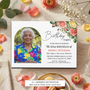 Elegantes Blumenmotiv mit Foto zum 101. Geburtstag Einladung