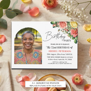 Elegantes Blumenmotiv mit Foto zum 72. Geburtstag Einladung