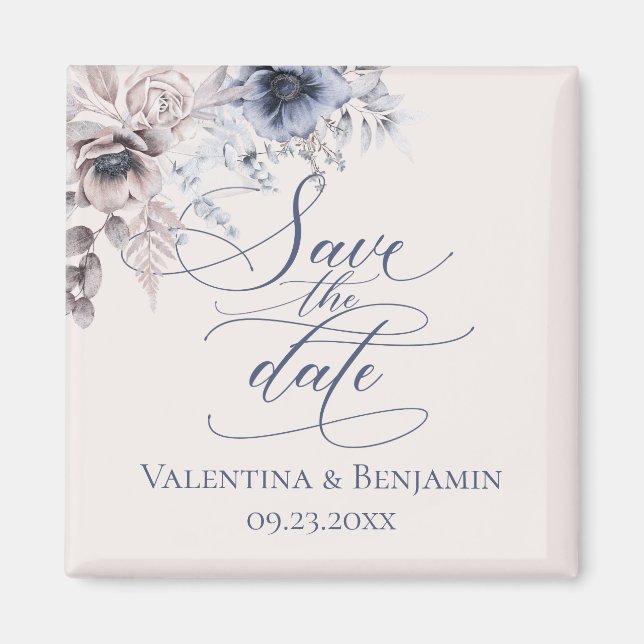 Elegantes Blumenmotiv Save the Date Dusty Blue Bei Magnet (Vorne)