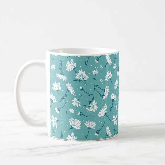 Elegantes Blumenmuster - Aquamarin & weiß botanisc Kaffeetasse (Links)