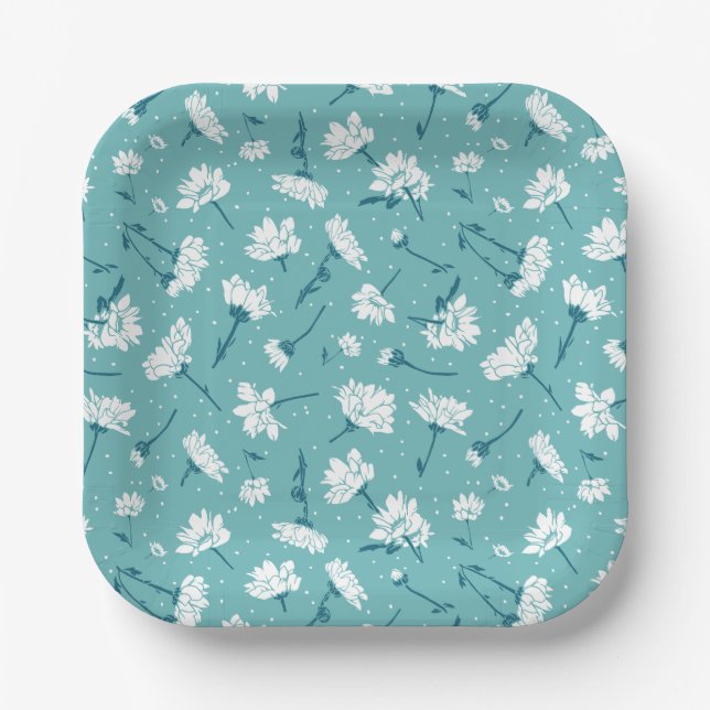 Elegantes Blumenmuster - Aquamarin & weiß botanisc Pappteller (Vorderseite)