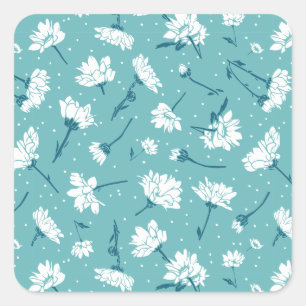 Elegantes Blumenmuster - Aquamarin & weiß botanisc Quadratischer Aufkleber