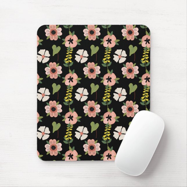 Elegantes Blumenmuster auf Schwarz | Schicke Botan Mousepad (Mit Mouse)