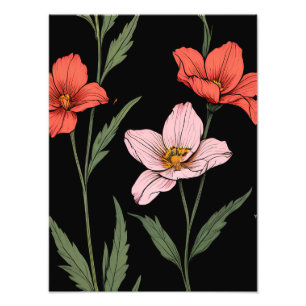 Elegantes Blumenmuster auf schwarzem Hintergrund Fotodruck