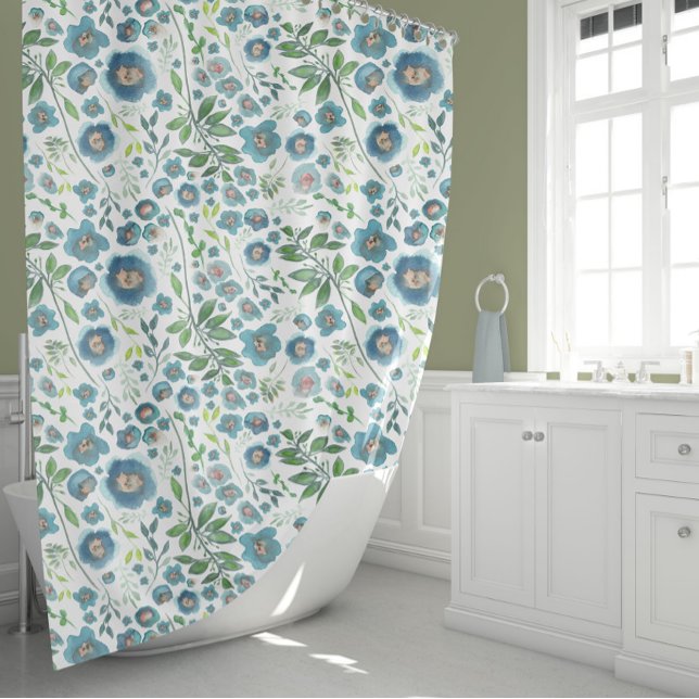 Elegantes Blumenmuster Duschvorhang (Elegant Blue Green Watercolor Floral Pattern Shower Curtain from Studio Posies.)