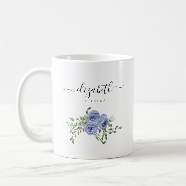 Elegantes Blumenmuster-Dusty-Blue-Aquarell-Rose-Sc Kaffeetasse (Links)