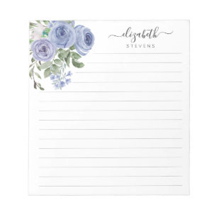 Elegantes Blumenmuster-Dusty-Blue-Aquarell-Rose-Sc Notizblock