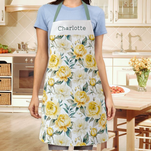 Elegantes Blumenmuster Gelb Weiß Schürze (A personalized kitchen apron, patterned with yellow and white peony and chrysanthemum flowers)